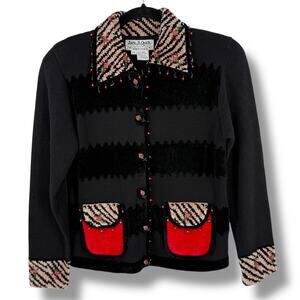 Jack B Quick Floral Beaded Cardigan Sweater Size Petite Small Animal Print Trim